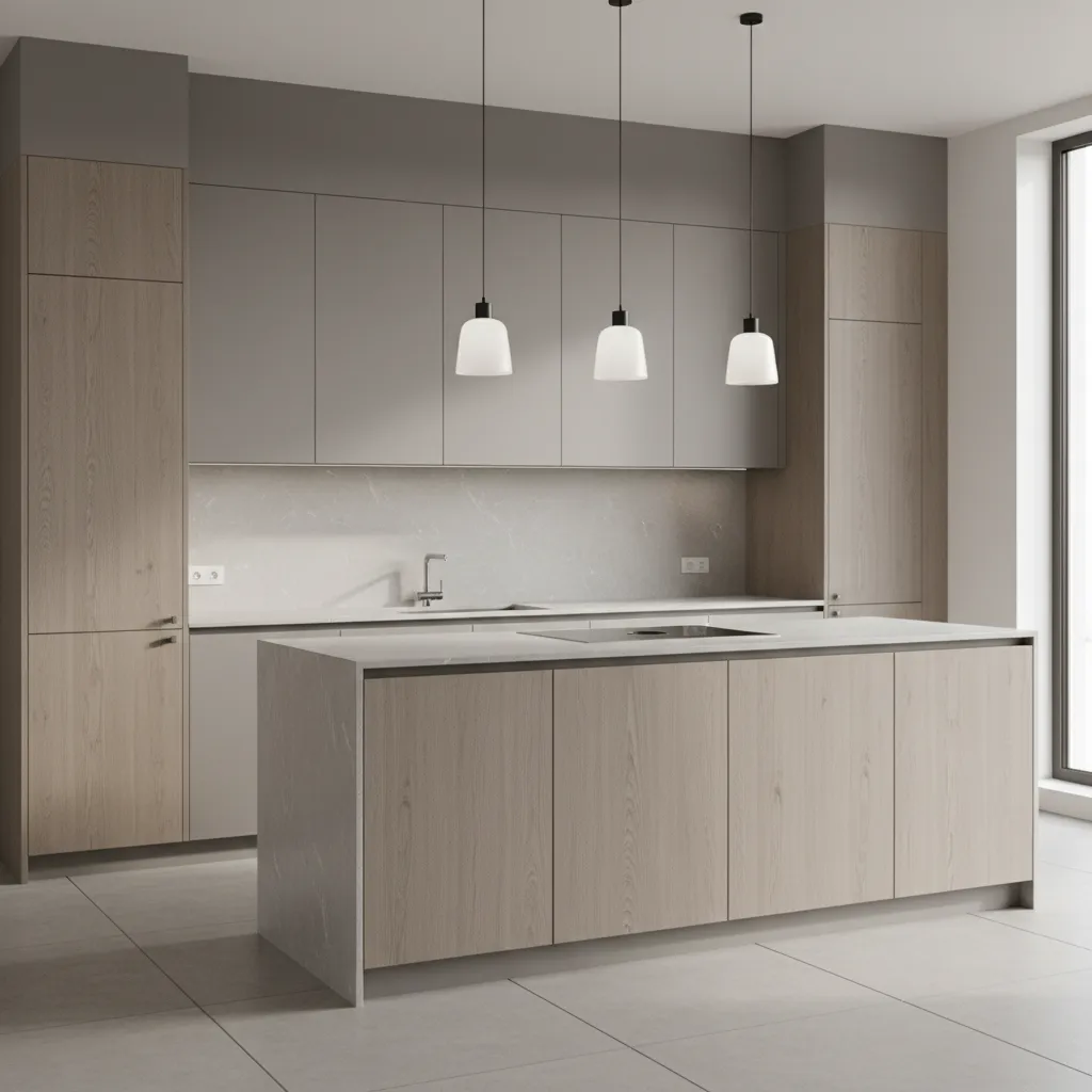Modern kitchen cabinets using textured laminate finish boards designed for durability