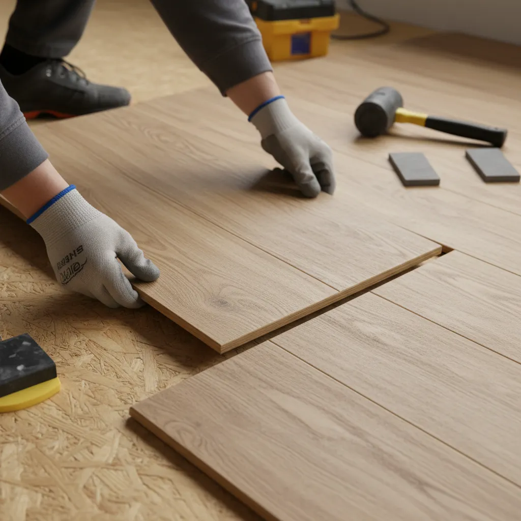 Close-up diagram of laminate flooring tongue and groove orientation during installation