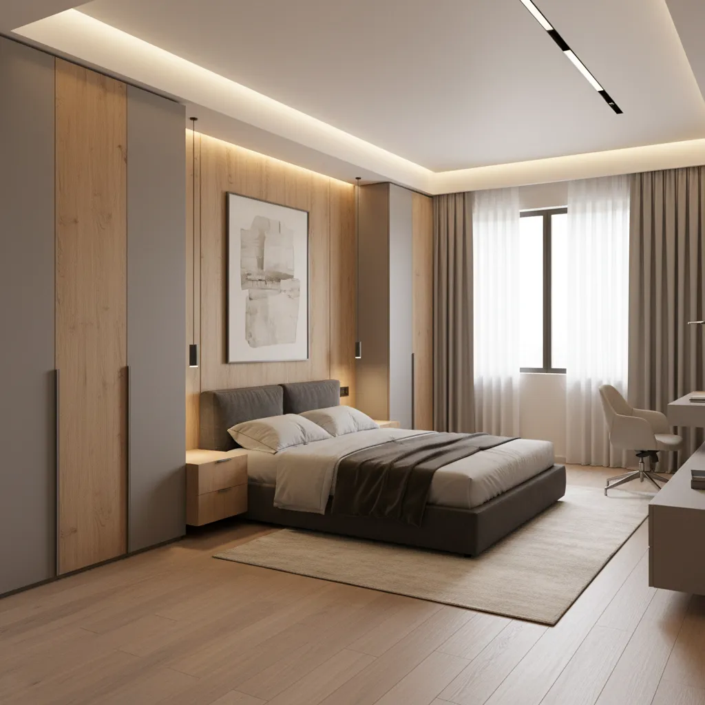 Matte laminate wardrobe doors in modern bedroom