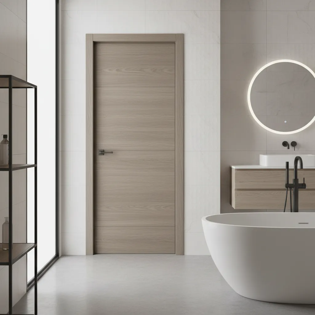 laminated wooden bathroom door with waterproof finish in modern home