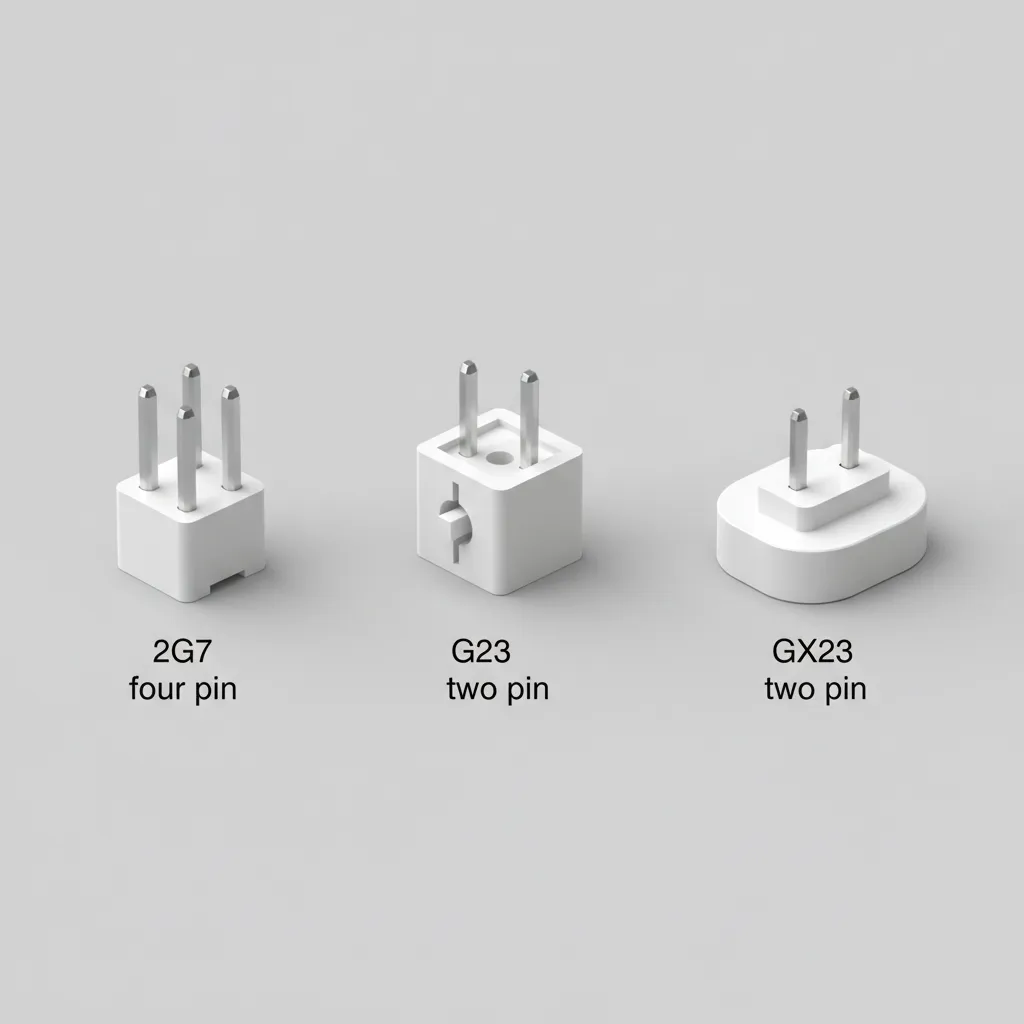 Diagram showing three different white plastic light bulb bases with two and four metal pins