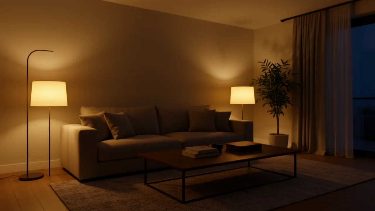 living room with layered lighting using table lamps and floor lamps
