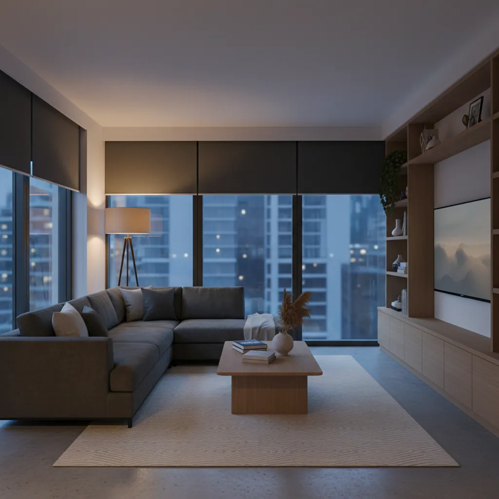 Floor lamp placed beside sofa instead of behind viewer near TV area