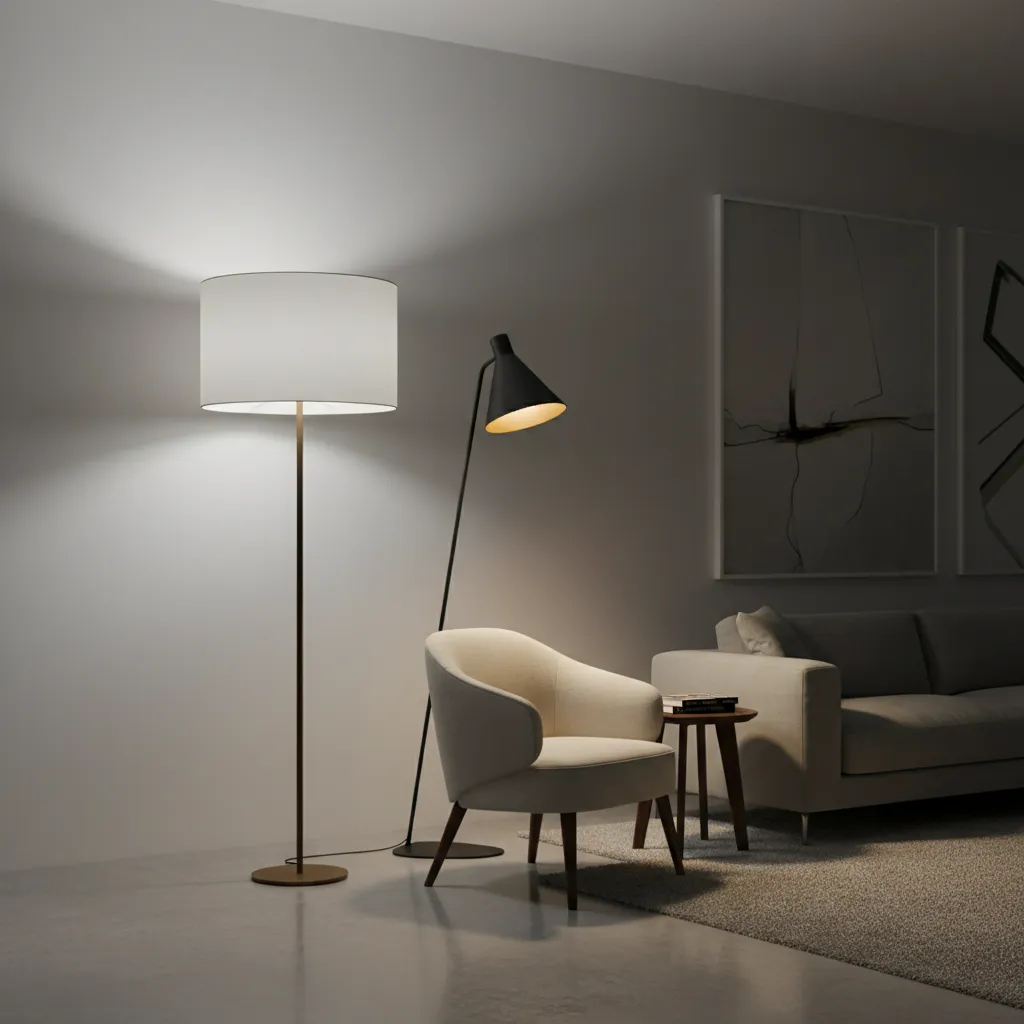 Living room scene with two floor lamps lighting an armchair and sofa in a dark room