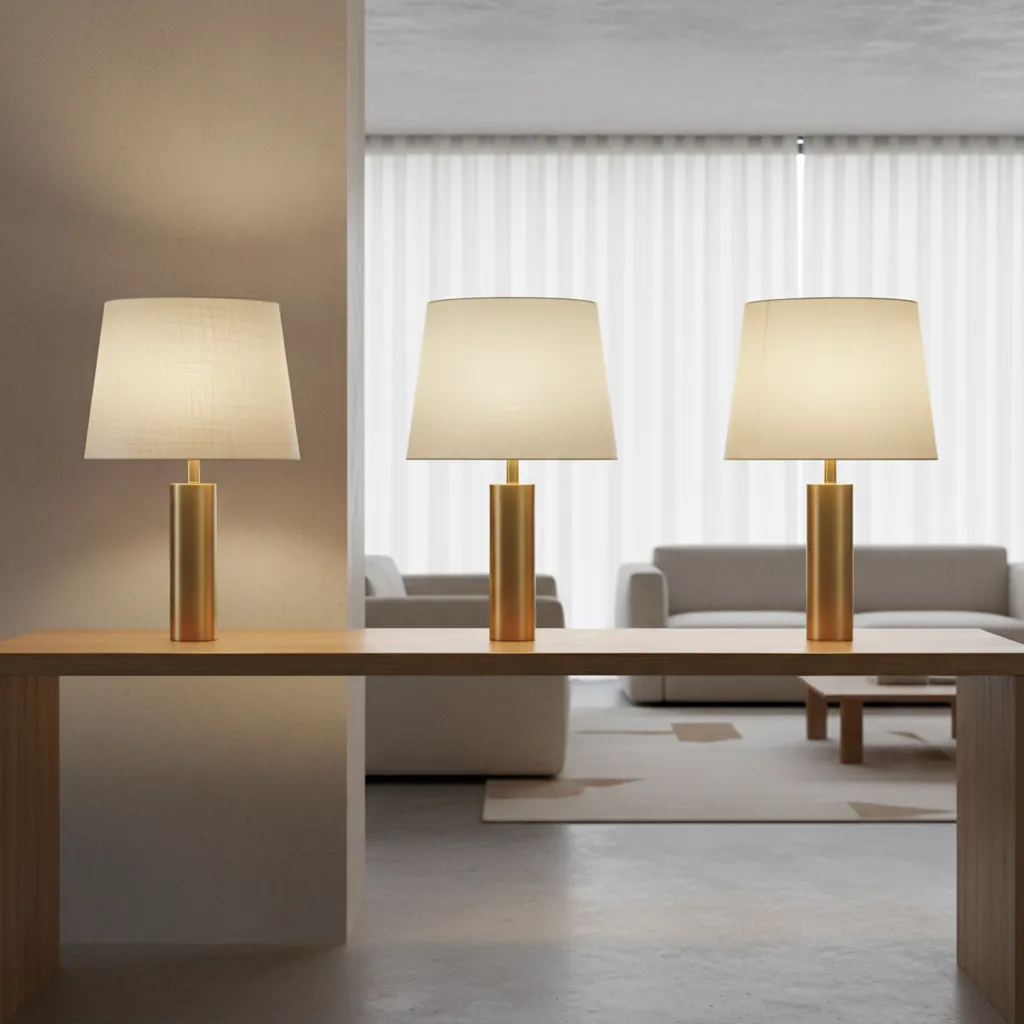 Comparison of three gold table lamps with fabric shades on a long wooden hallway table