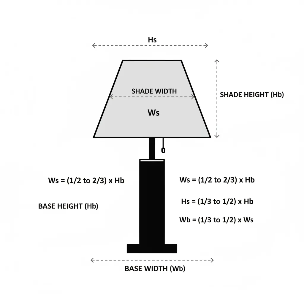 Diagram showing measurement rules for table lamp shade and base height and width for scale