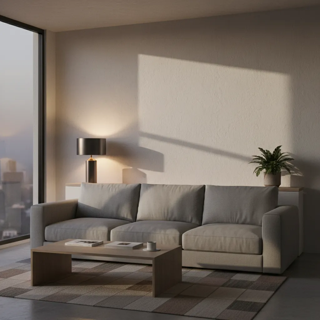 table lamp placed behind sofa creating shadows in a small living room