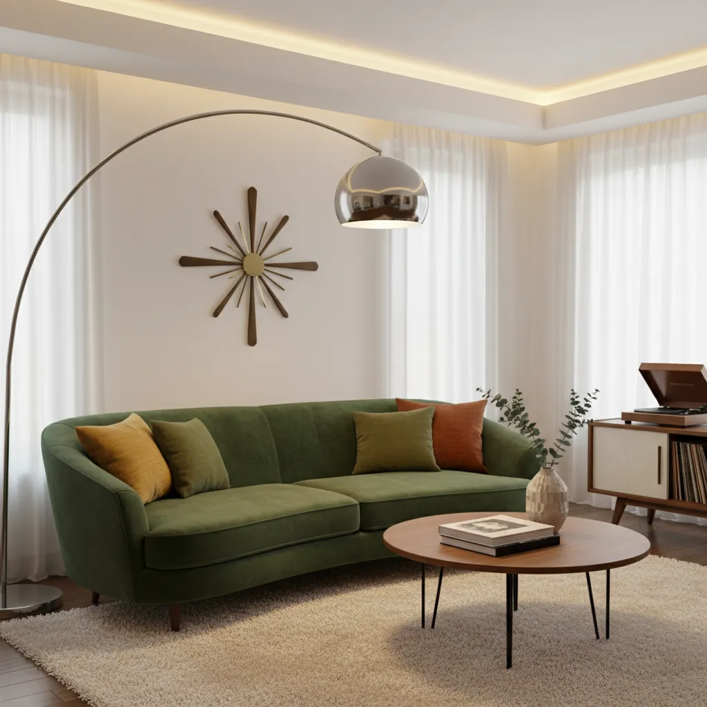 Green sofa and round wooden coffee table with floor light on a soft white rug