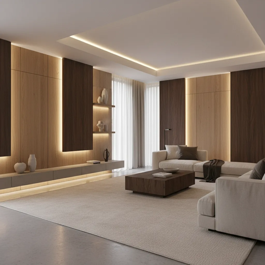 Modern living room with wood wall panels light strips beige sofa and large floor rug