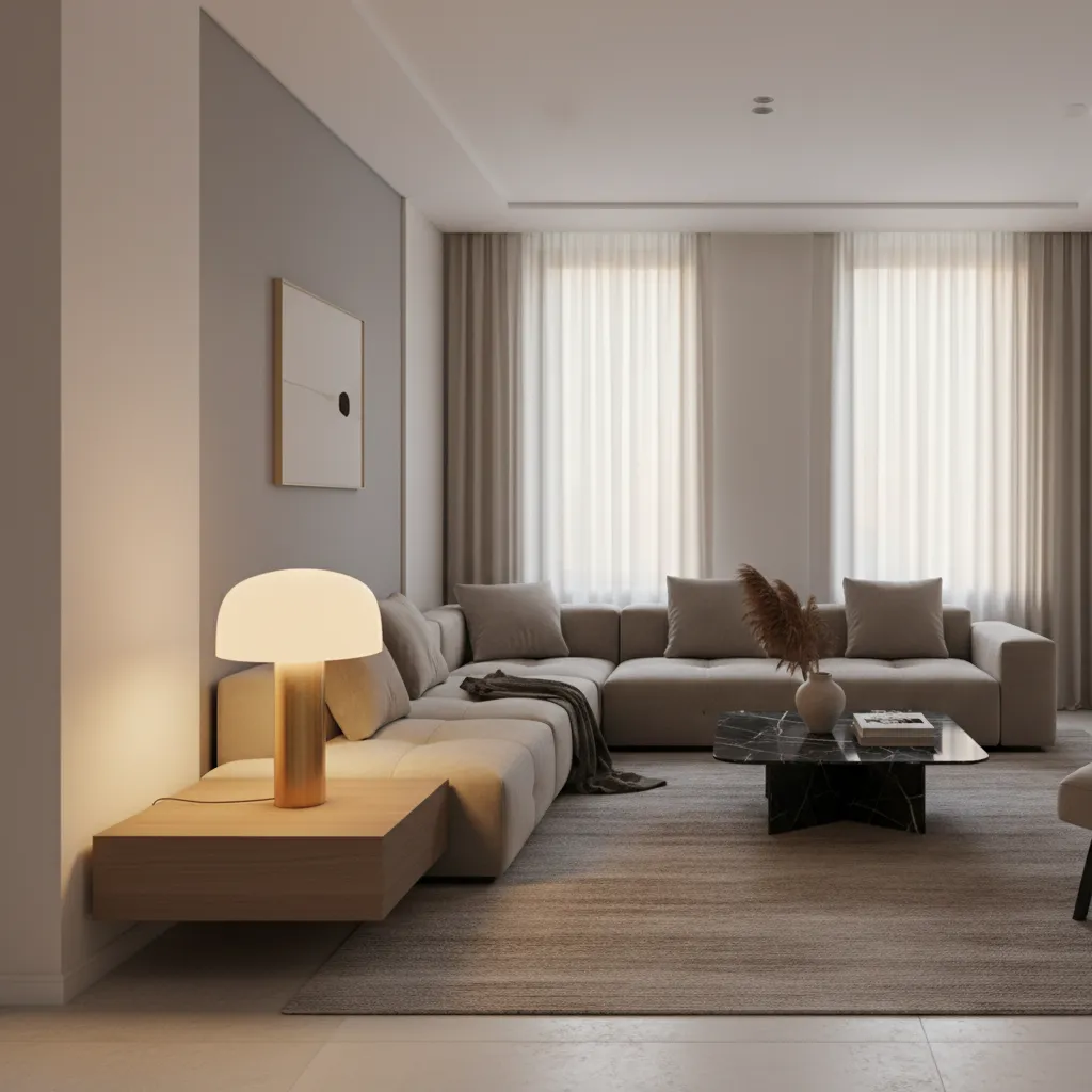 Lámpara de mesa moderna iluminando un salón contemporáneo