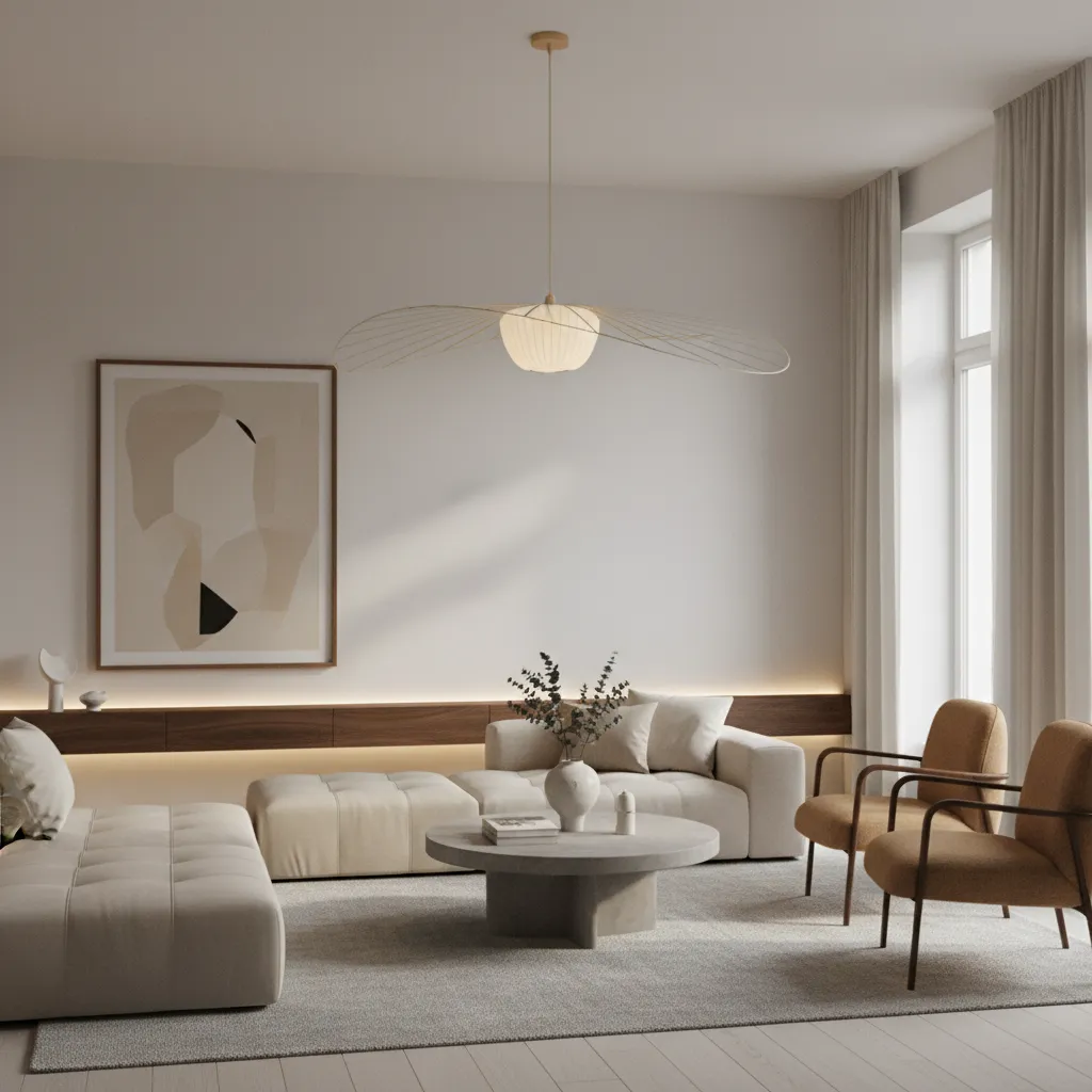 Lámpara escultórica moderna destacando en un salón minimalista