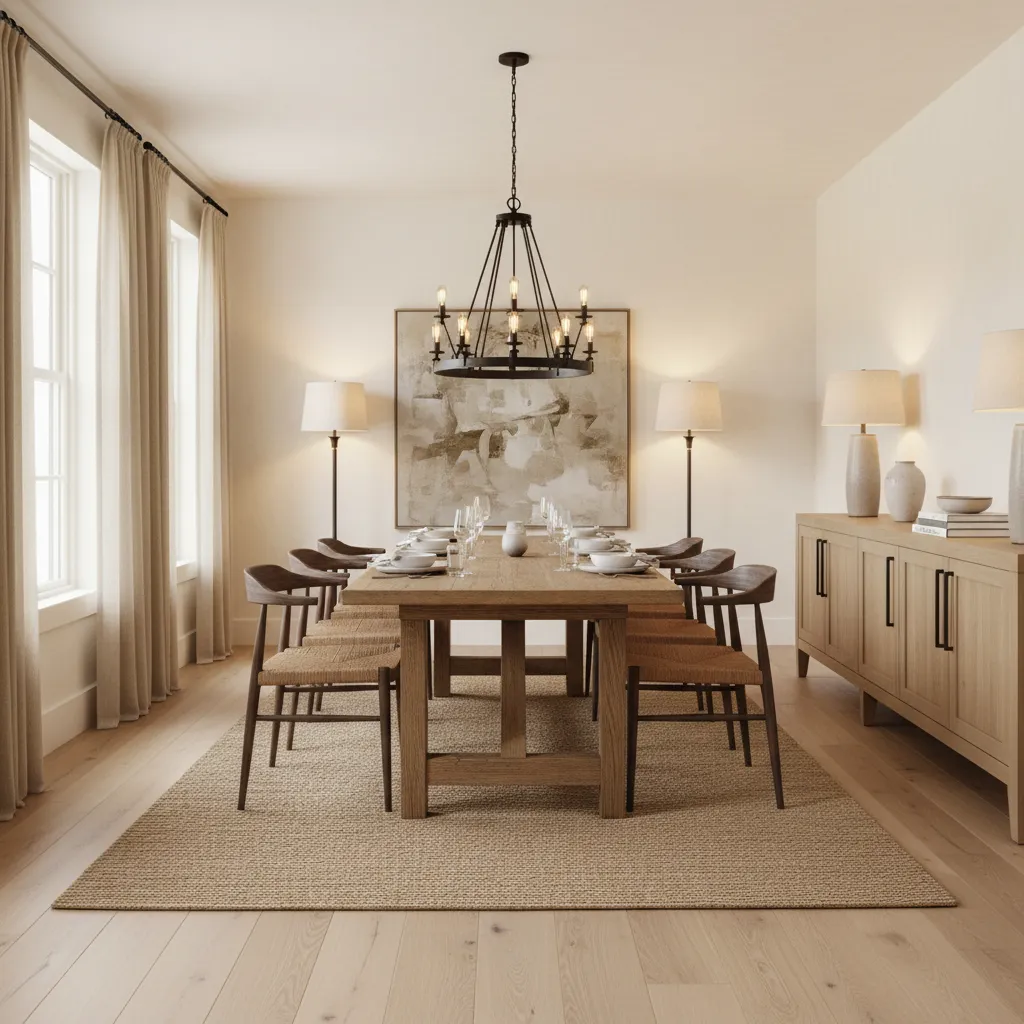 Dining room with a long wood table woven chairs large ceiling light and wooden cabinet