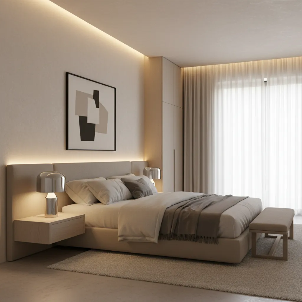 Lámpara metálica plateada en un dormitorio contemporáneo