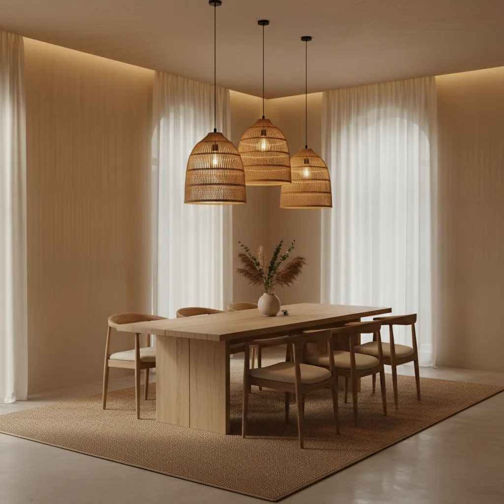 Minimalist dining room with wooden table, chairs, three hanging ceiling lights, white curtains, and carpet