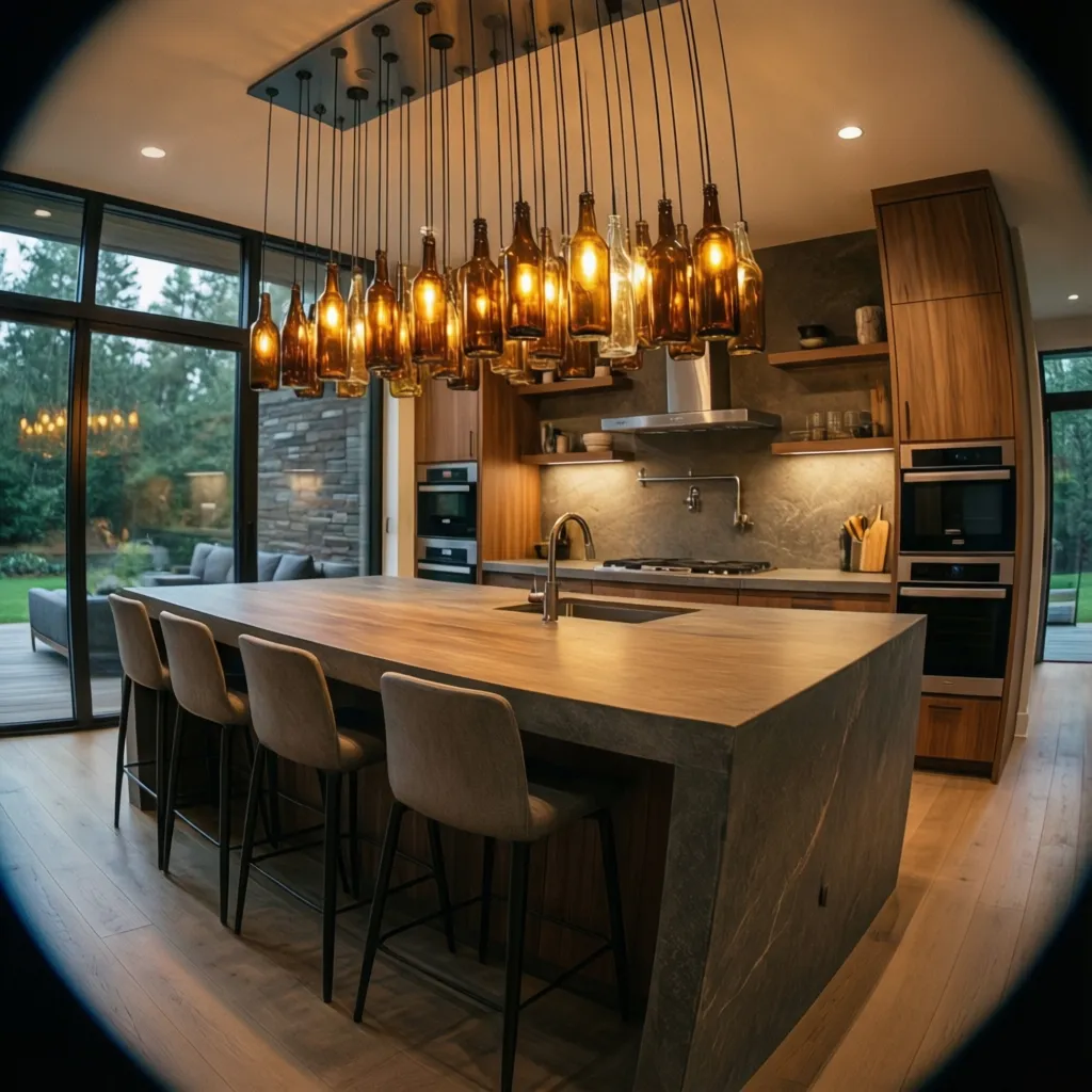 Lámparas colgantes hechas con botellas de cristal en una cocina moderna