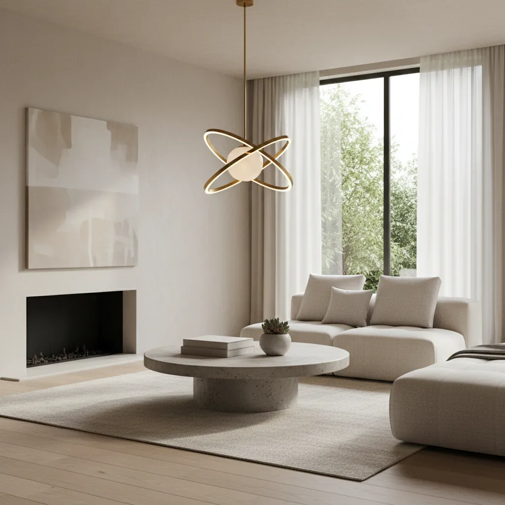 Minimalist living room with cream sofa, stone table, wall fireplace, and gold ring ceiling light