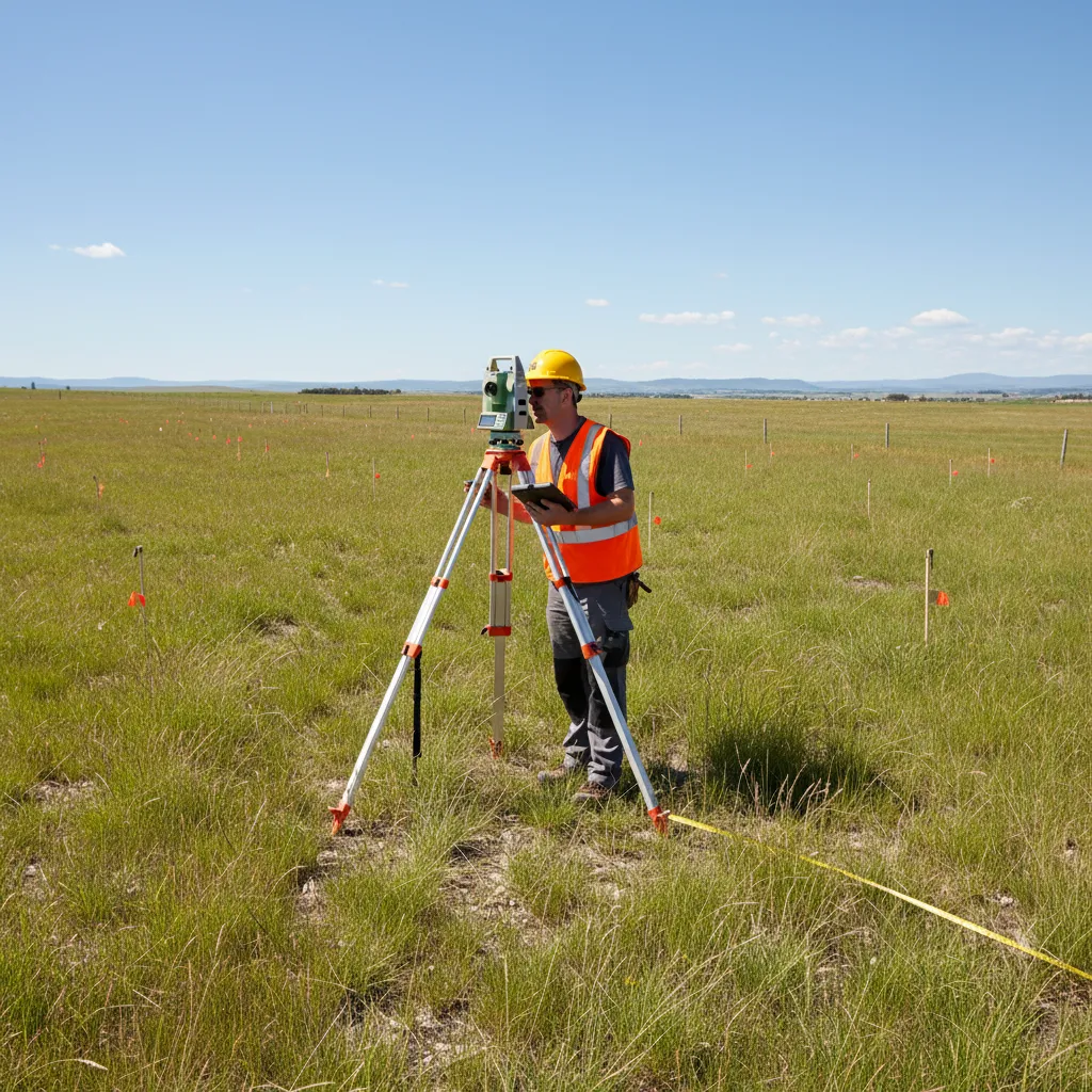 Professional land surveyor measuring property boundary with equipment