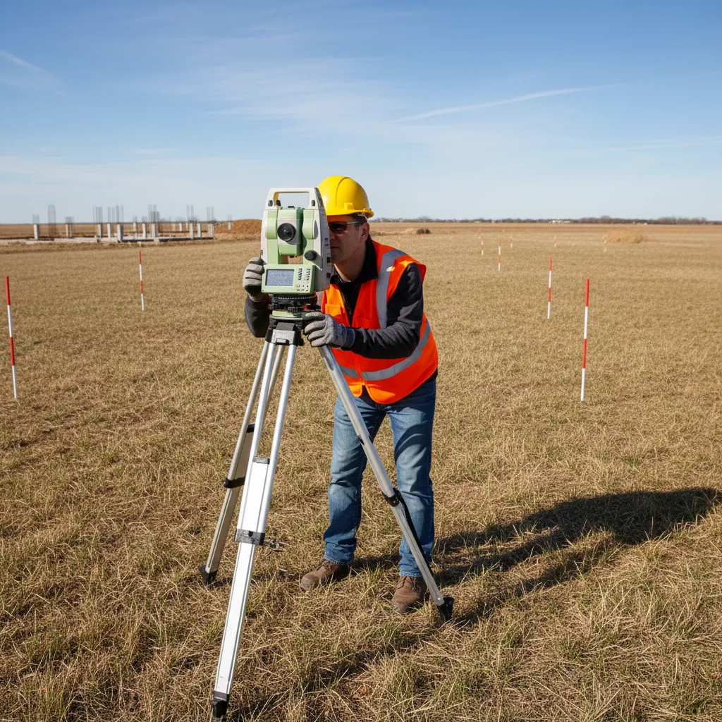 Professional surveyor using land measurement equipment on property