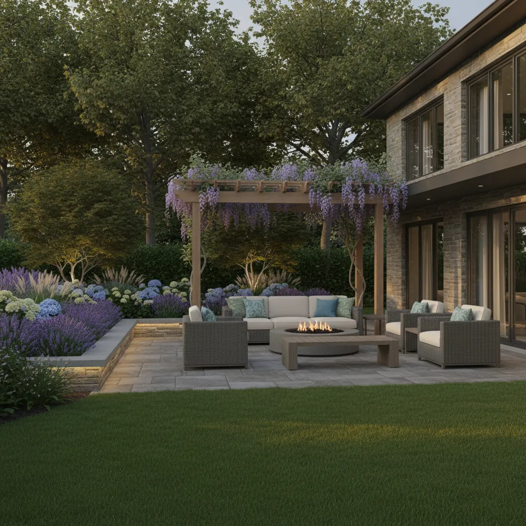 photorealistic 3d render of landscaped backyard with trees patio and lighting