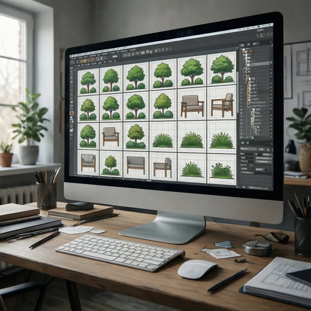 Organized landscape CAD block library showing trees shrubs and outdoor furniture symbols