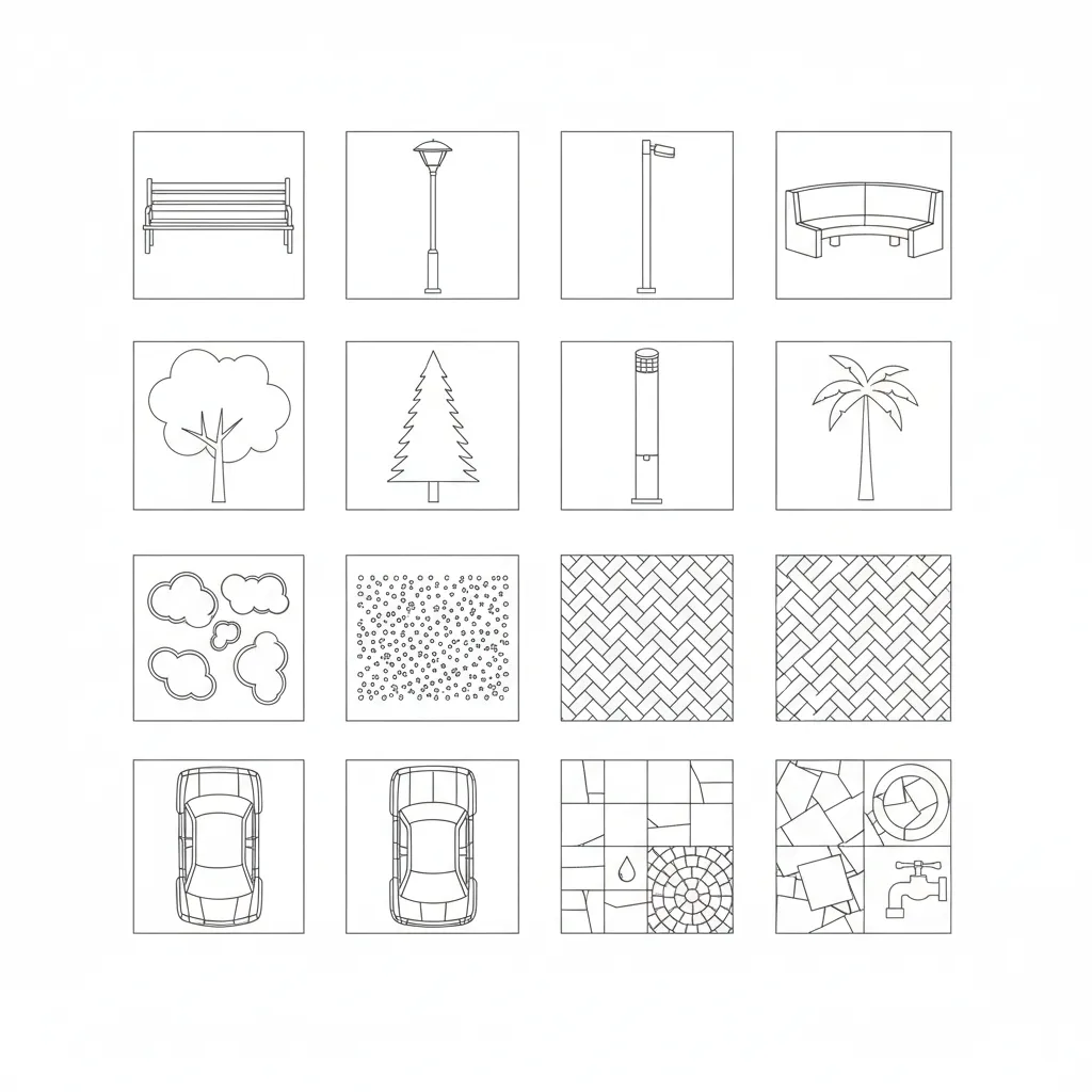 Collection of landscape CAD blocks including benches trees lights and paving patterns