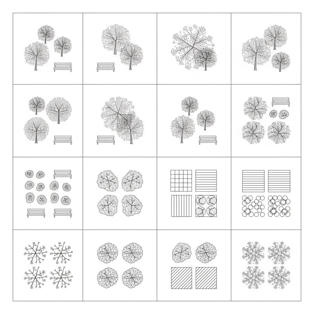 preview of landscape CAD blocks including trees benches and paving symbols