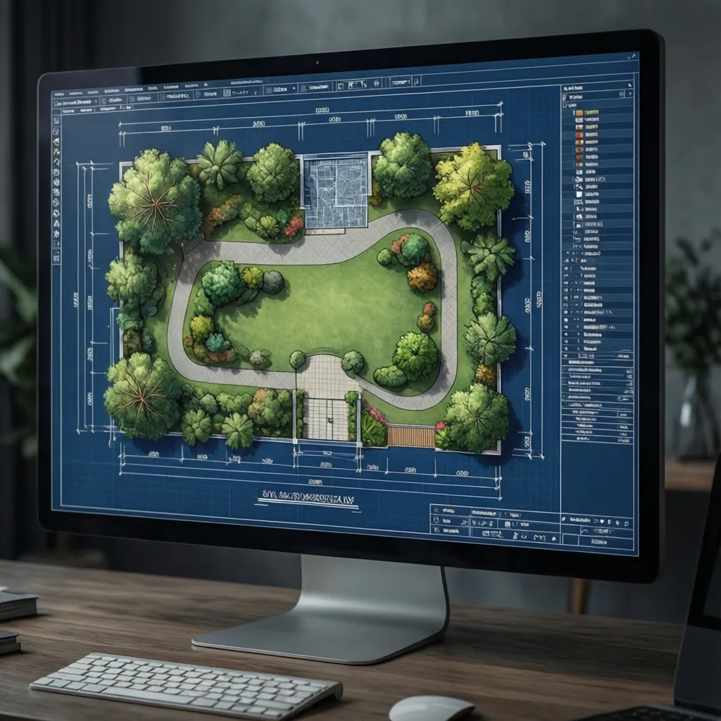 Landscape CAD drawing with tree symbols and planting layout on screen