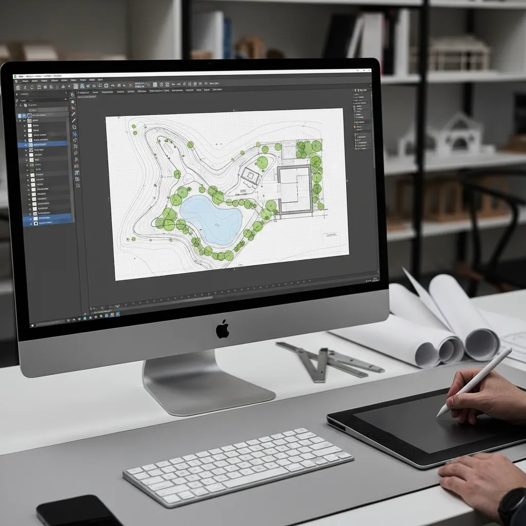 CAD interface showing organized layers and standardized landscape drawing elements