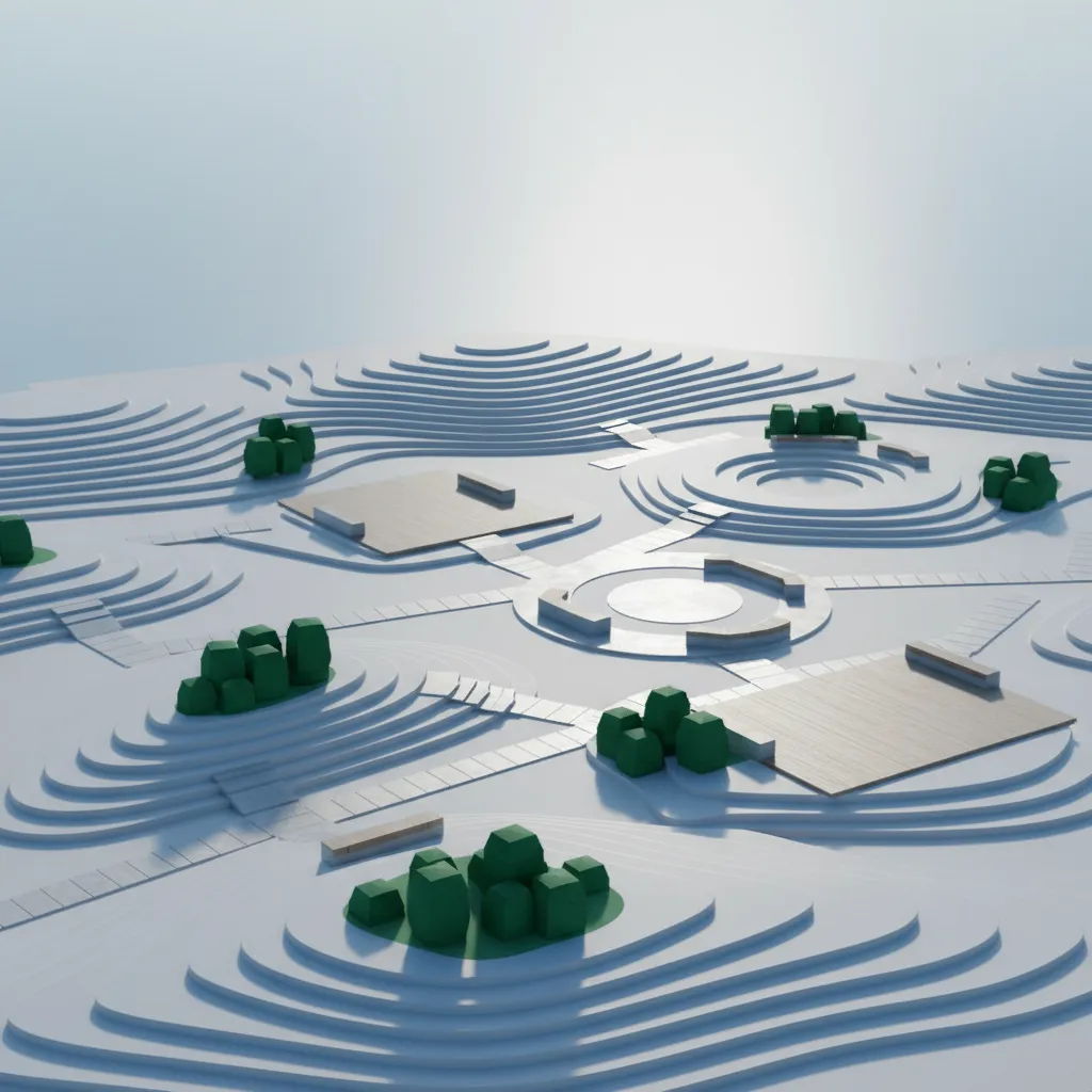 3D landscape concept showing terrain modeling and garden layout planning