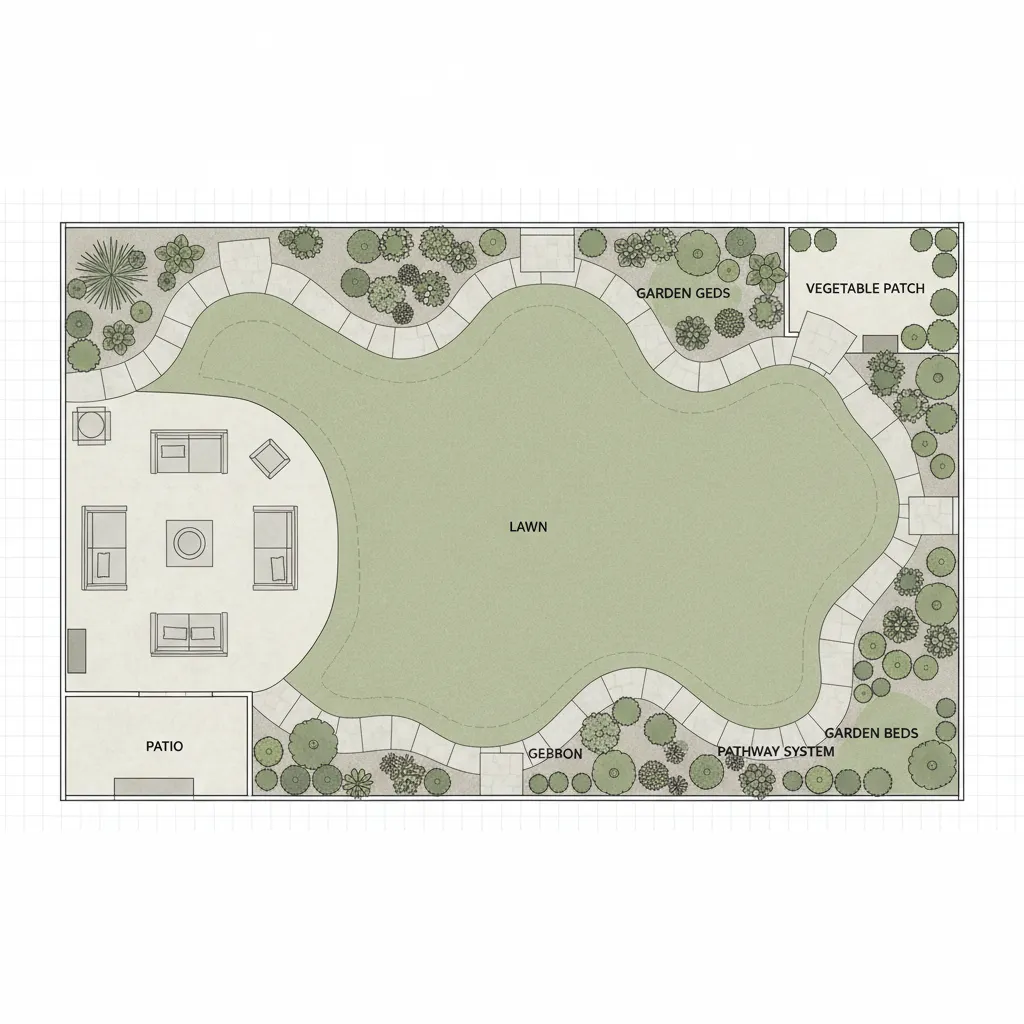 top view layout of backyard landscaping zones created in outdoor design software