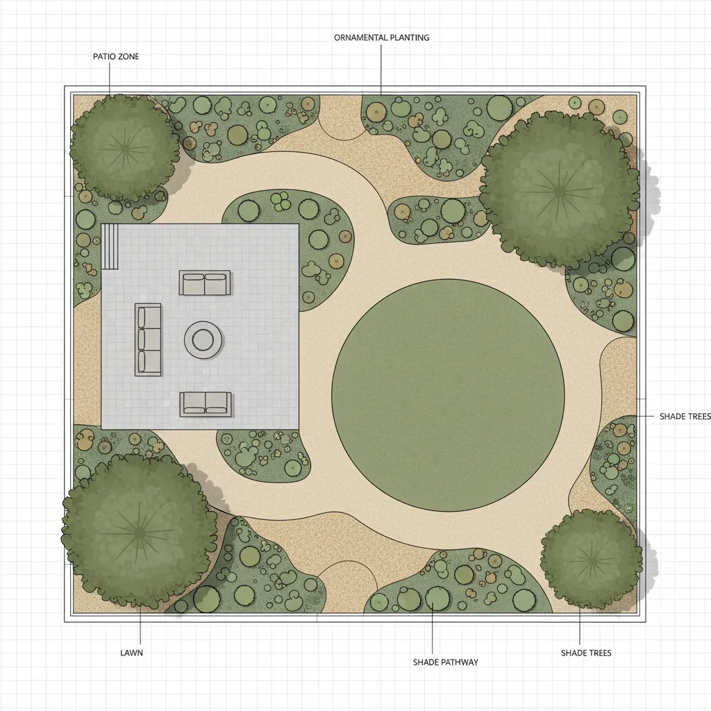 landscape design software layout plan showing patio zones pathways and planting beds