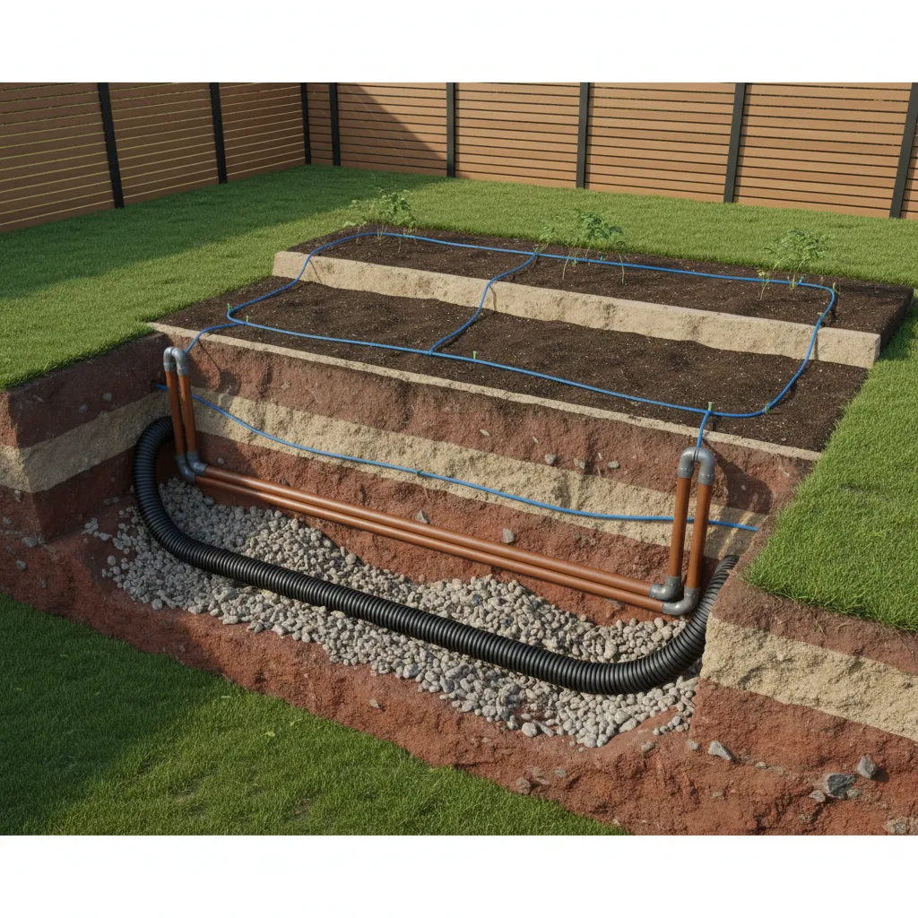 landscaping infrastructure with irrigation lines and drainage system under garden beds