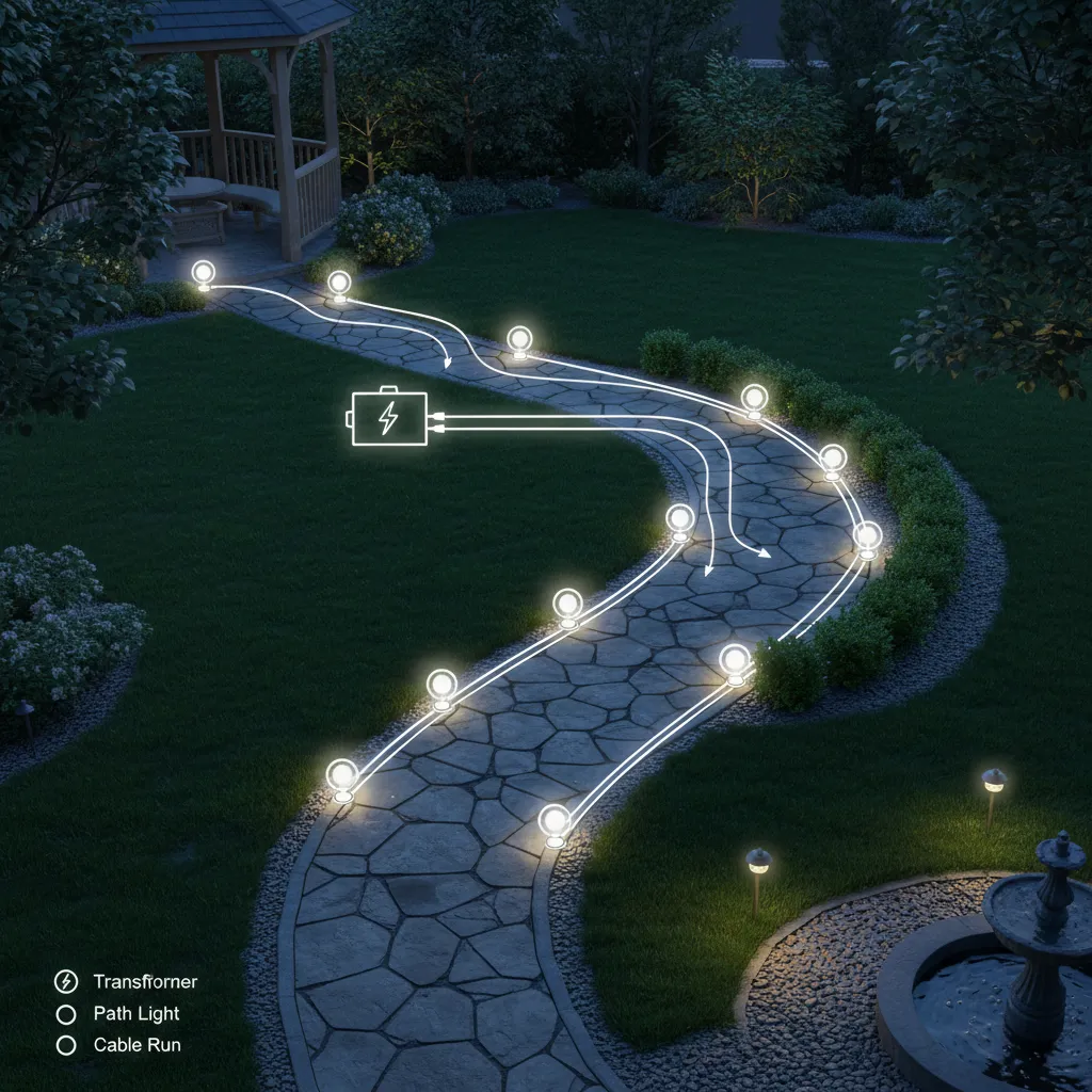 Landscape lighting cable run layout showing voltage drop across fixtures