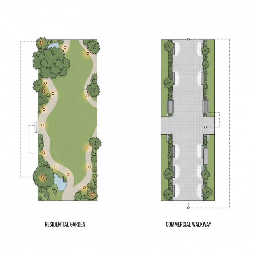 Comparison of residential and commercial landscape lighting fixture spacing