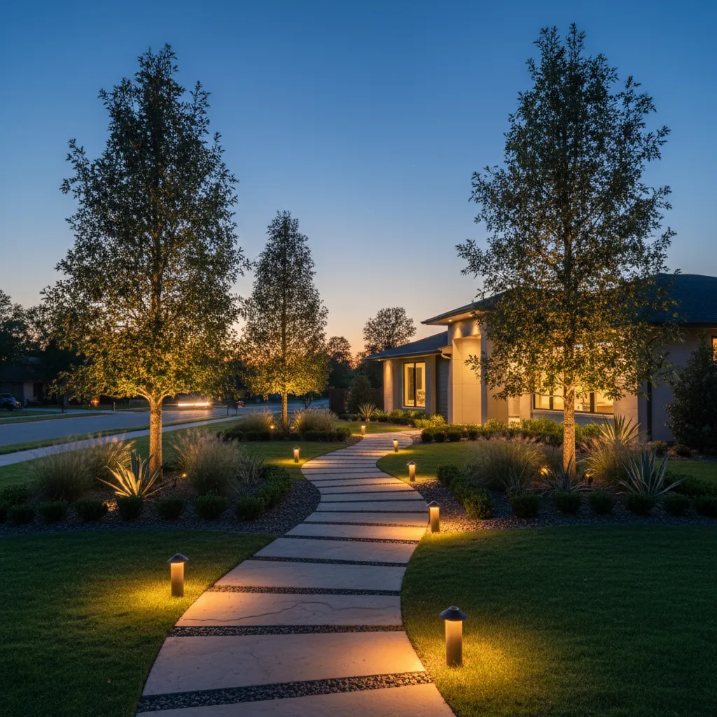 outdoor landscape lighting layout with pathway lights and tree uplights in a residential yard
