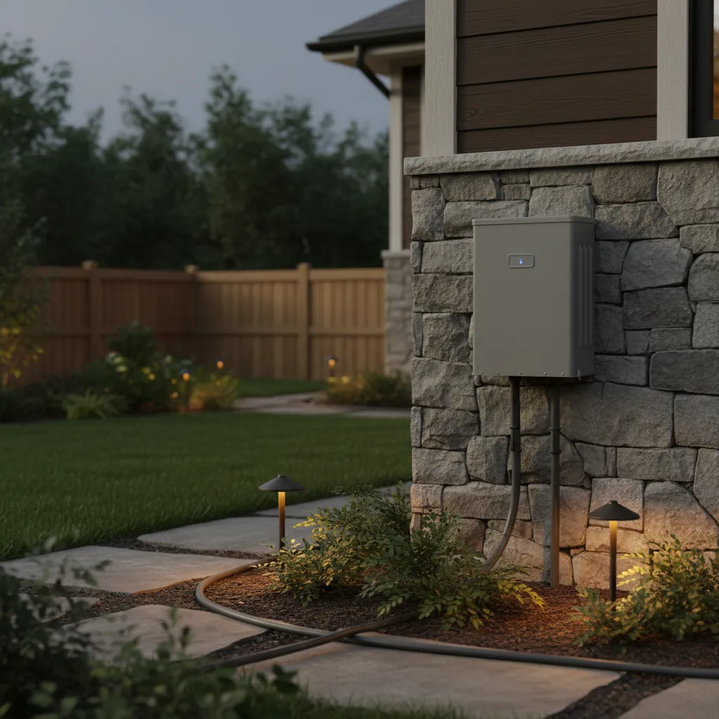 outdoor low voltage landscape lighting transformer mounted near house wall