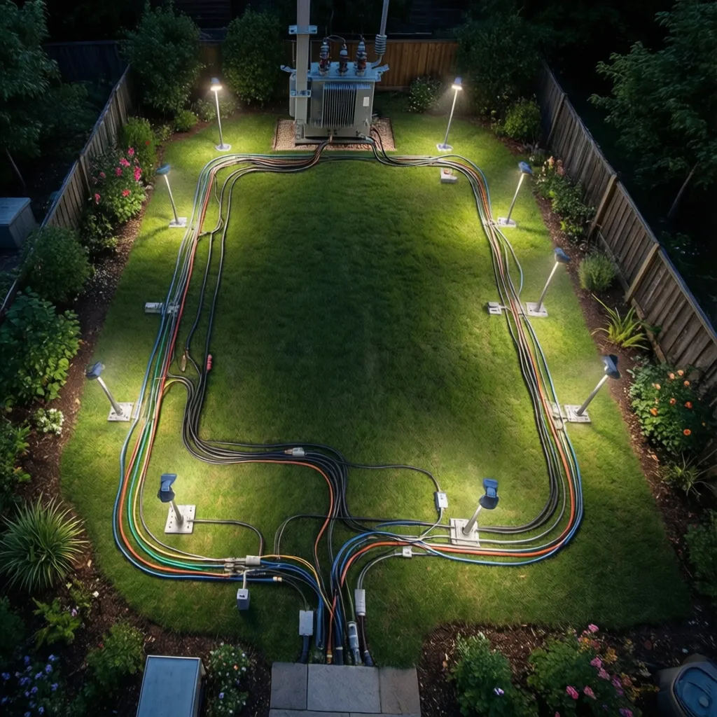 diagram style visualization of landscape lighting transformer and cable layout