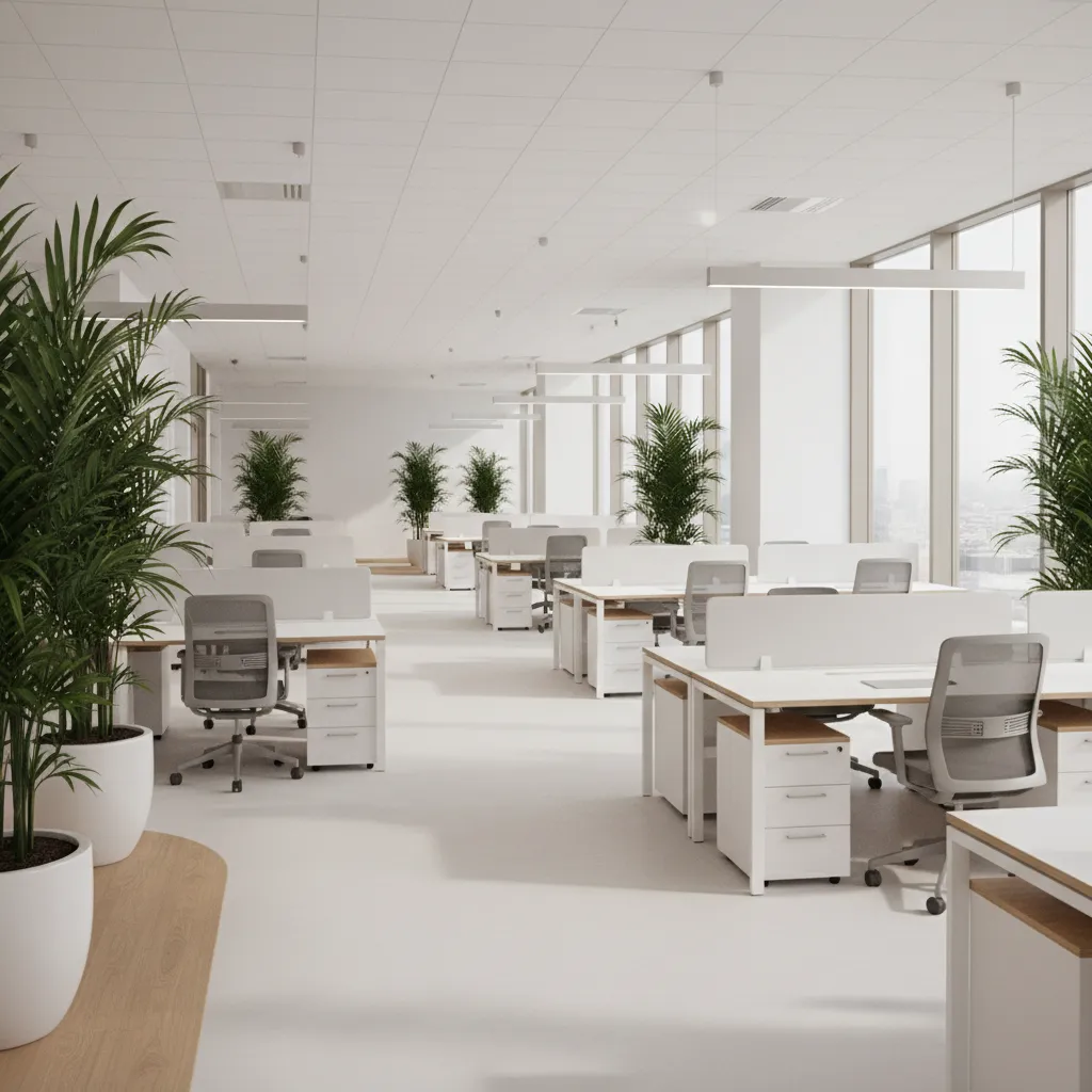 modern landscape office layout with desk clusters and indoor plants creating natural work zones