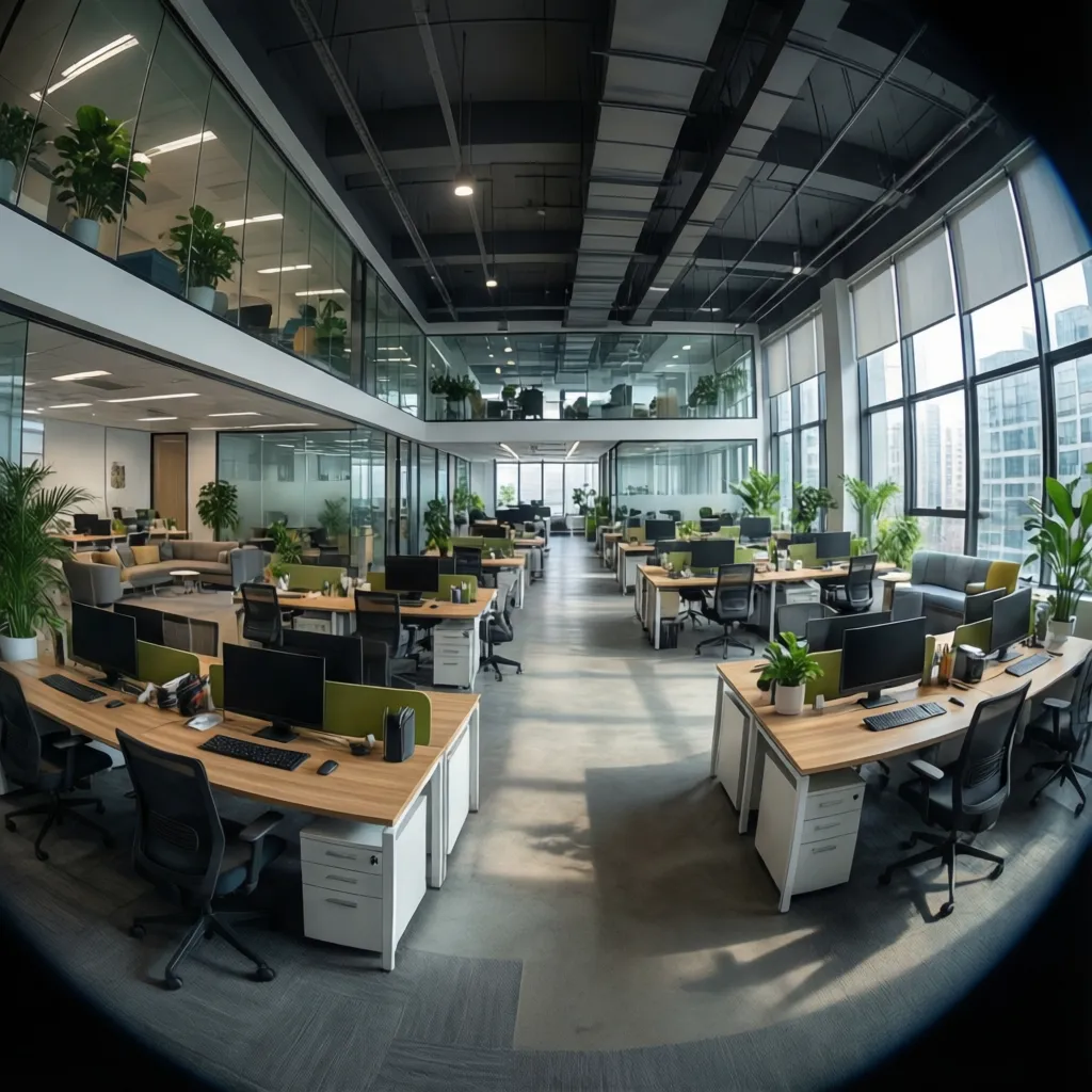 Wide view of a landscape office with desk clusters and collaboration spaces