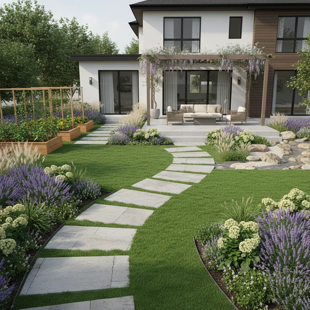 Garden pathway layout connecting lawn patio and planting beds
