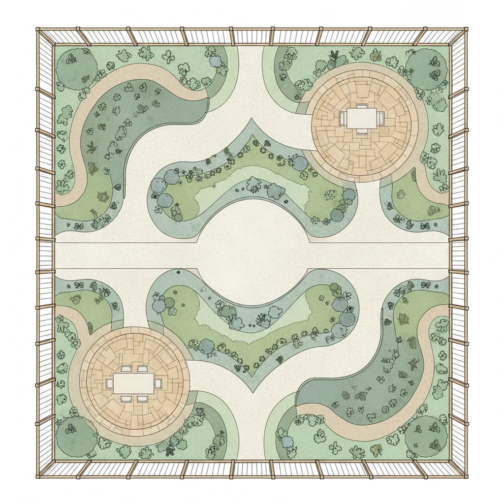landscape design plan showing decorative fence with garden layout