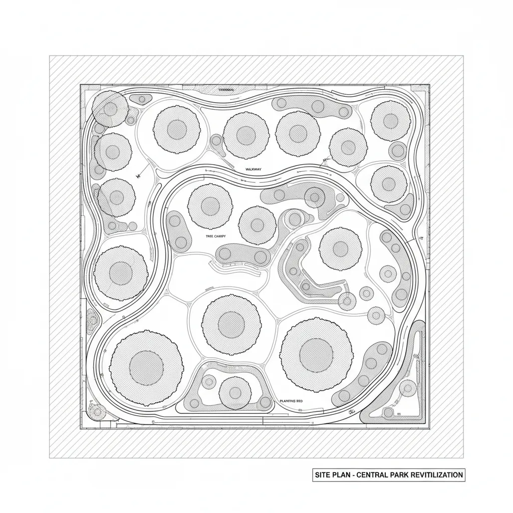 Landscape site plan with multiple tree CAD symbols and planting layout