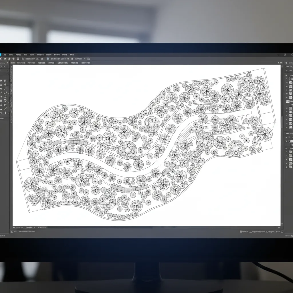 Large landscape planting plan using repeated optimized tree CAD blocks