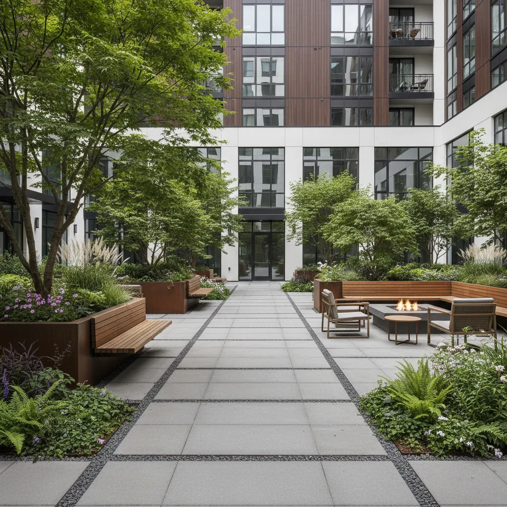 Realistic 3D rendering of a landscaped residential courtyard with trees and seating