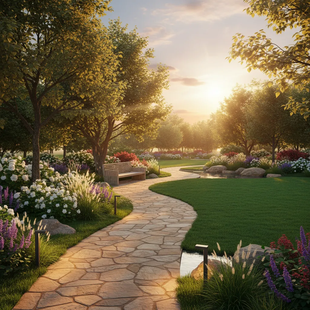 Detailed landscape 3D rendering showing vegetation placement and lighting