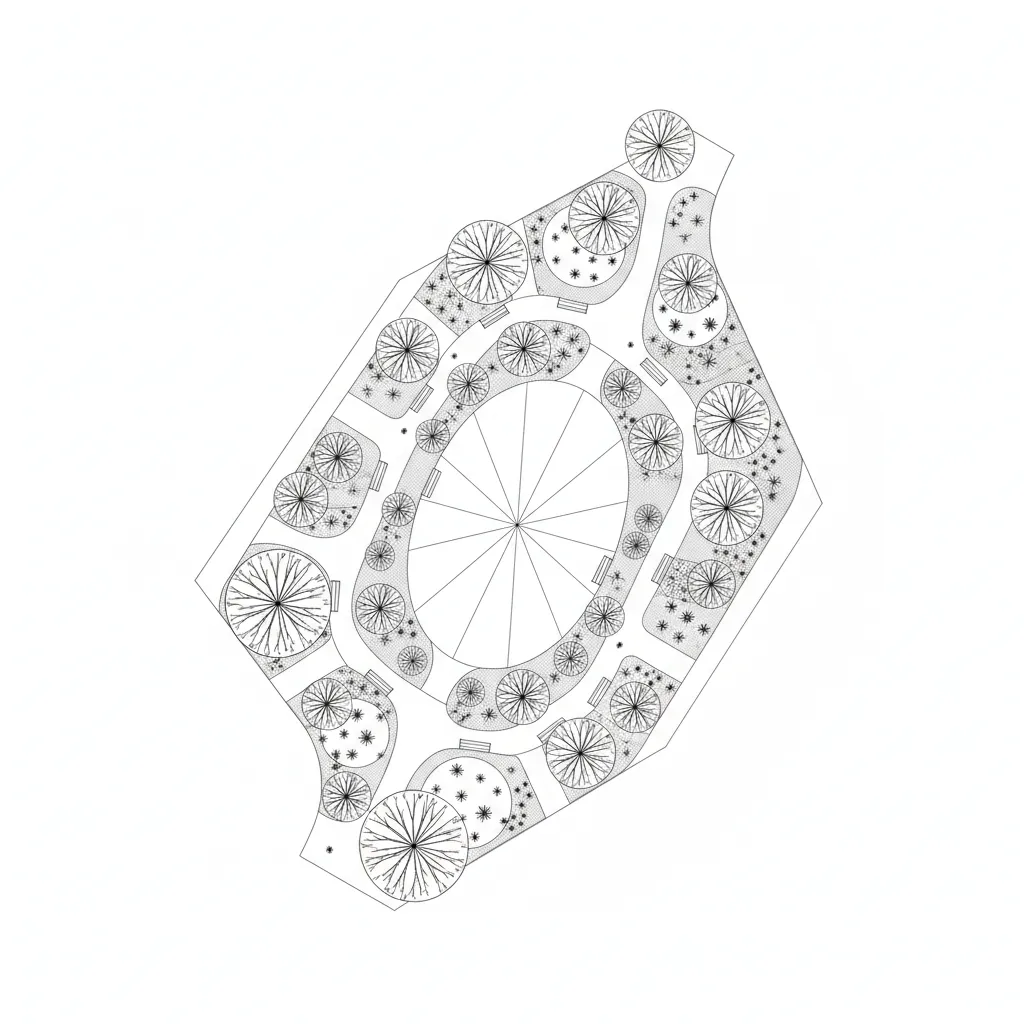 landscape architecture CAD site plan showing trees pathways and seating areas
