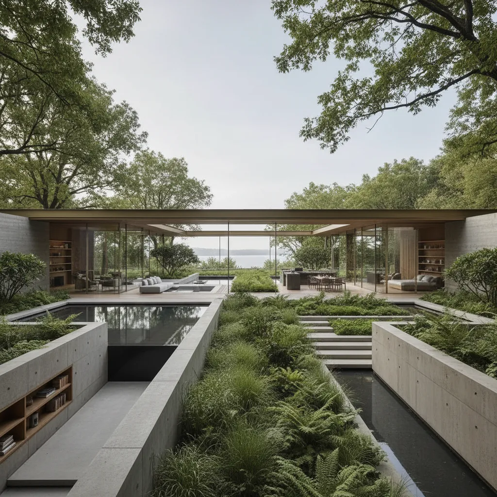 Modern house with large windows and concrete walls surrounded by green trees and calm water ponds