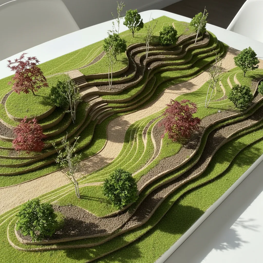 3d terrain modeling for landscape architecture showing slopes paths and vegetation placement