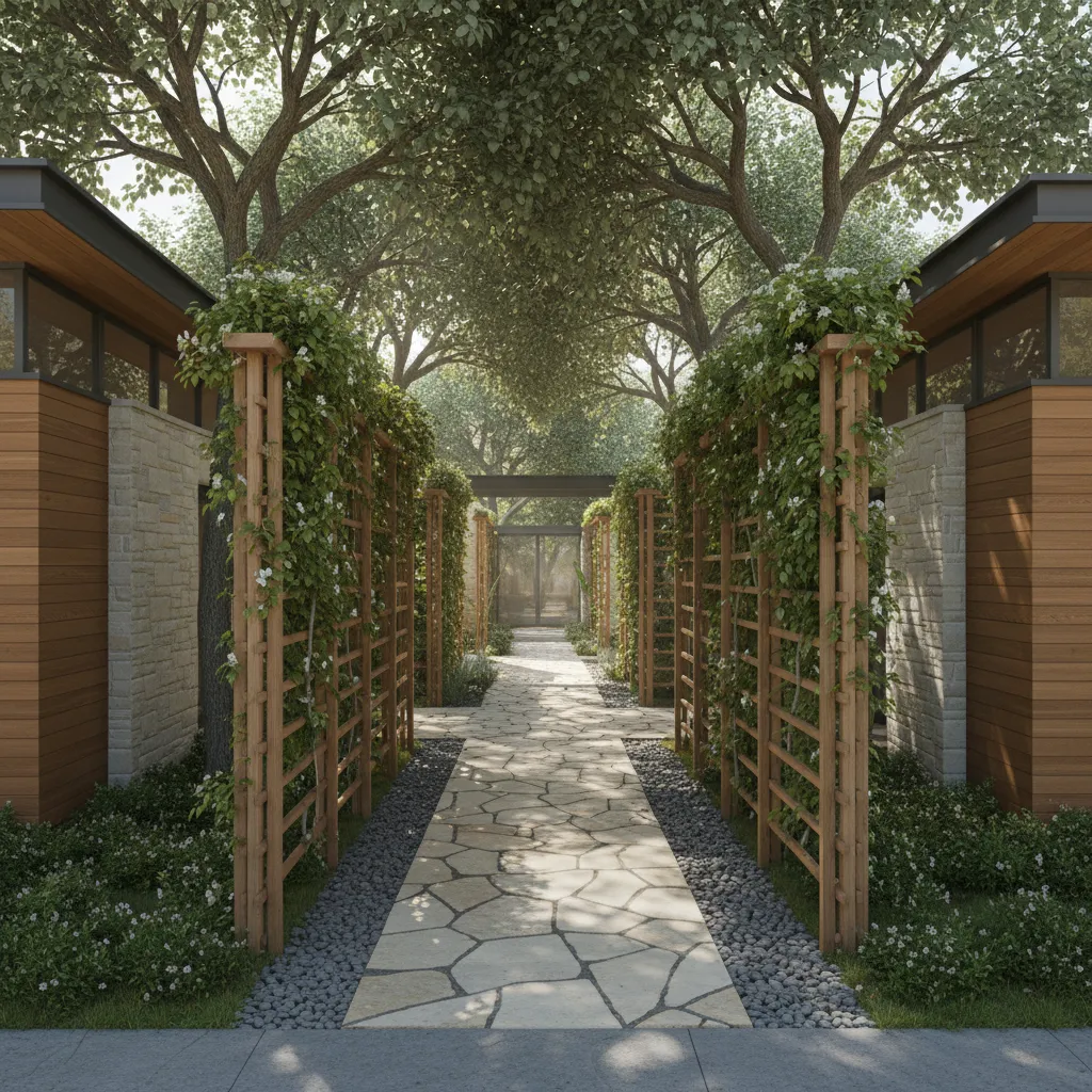 Breezeway with shade trees and landscaping creating cooler outdoor walkway