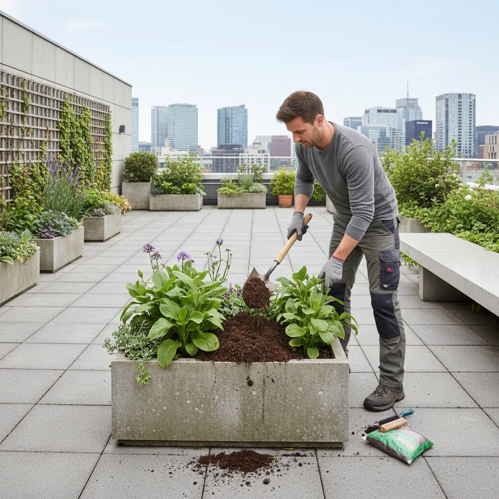 landscaper replacing top soil layer in outdoor planter